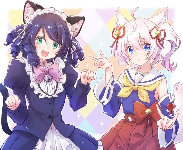 Anime picture 3552x2918 with show by rock!! studio bones cyan (show by rock!!) howan (show by rock!!) nyaa (nnekoron) looking at viewer highres short hair blue eyes multiple girls green eyes animal ears blue hair absurdres ahoge white hair tail animal tail cat ears sparkle