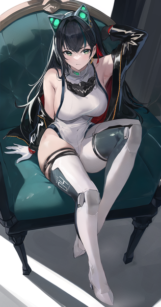 Anime picture 2400x4560 with tower of fantasy lin (tower of fantasy) furizuu20 single long hair tall image looking at viewer fringe highres breasts light erotic black hair hair between eyes large breasts sitting bare shoulders green eyes bent knee (knees) multicolored hair arm up