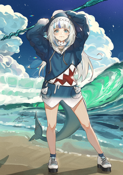 Anime picture 1061x1500 with virtual youtuber hololive hololive english gawr gura gawr gura (1st costume) fadingz single long hair tall image looking at viewer blush fringe blue eyes standing holding signed sky silver hair cloud (clouds) full body