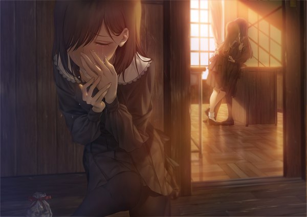 Anime picture 4093x2894 with original asaba0327 long hair blush fringe highres brown hair standing multiple girls absurdres full body indoors eyes closed long sleeves pleated skirt sunlight blurry hair over one eye shadow tears