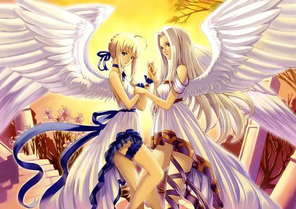 Anime picture 2117x1500 with fate (series) fate/stay night fate/zero studio deen type-moon artoria pendragon (all) saber irisviel von einzbern eiwa long hair fringe highres blue eyes blonde hair bare shoulders brown eyes white hair legs angel dress