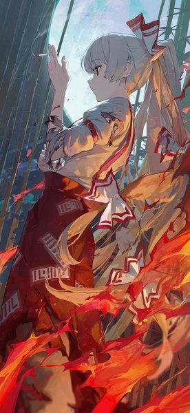 Anime picture 1500x3264 with touhou fujiwara no mokou modare single tall image fringe red eyes looking away silver hair ponytail very long hair profile torn clothes smoke bamboo forest girl bow plant (plants) hair bow tree (trees)