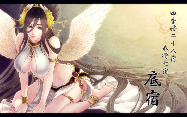 Anime picture 1200x750 with original pixiv fantasia sasama keiji single breasts light erotic brown hair wide image large breasts sitting bare shoulders looking away cleavage very long hair barefoot hair flower black eyes bare belly angel wings girl