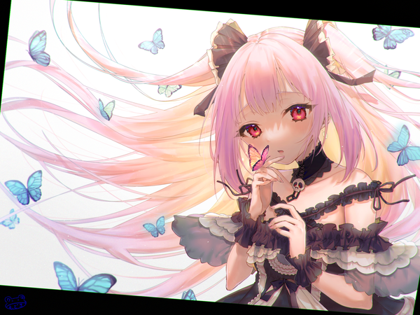 Anime picture 2400x1800 with virtual youtuber hololive uruha rushia uruha rushia (3rd costume) modoki kuma single long hair looking at viewer highres simple background white background pink hair upper body pink eyes two side up floating hair lolita fashion goth-loli butterfly on hand girl