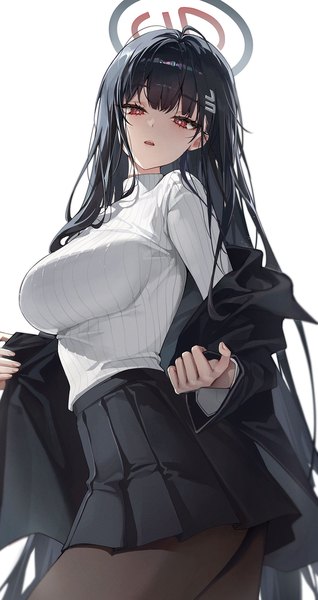 Anime-Bild 1050x1979 mit blue archive rio (blue archive) ttosom single long hair tall image looking at viewer blush fringe breasts open mouth light erotic black hair simple background red eyes large breasts standing white background blunt bangs long sleeves