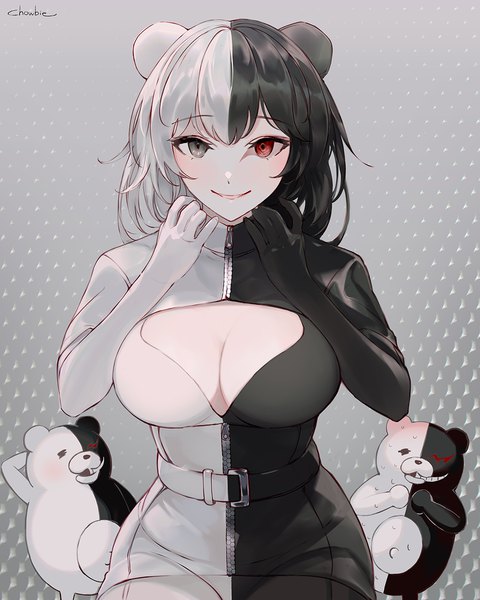 Anime picture 1000x1250 with dangan ronpa monokuma chowbie single tall image looking at viewer blush fringe short hair breasts light erotic black hair simple background smile hair between eyes red eyes large breasts sitting signed animal ears