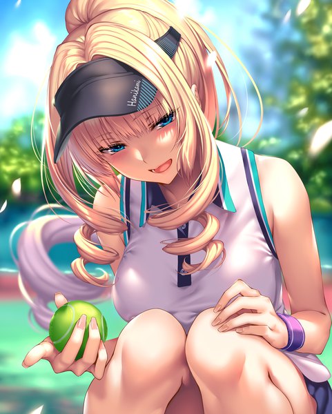 Anime picture 1215x1517 with hanikami kanojo shoudou erena piromizu single long hair tall image looking at viewer blush fringe breasts open mouth blue eyes blonde hair smile bare shoulders holding payot outdoors blunt bangs head tilt