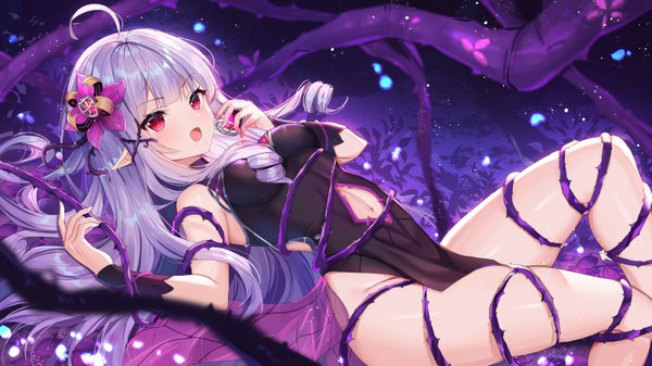 Anime picture 6400x3600 with benghuai xueyuan benghuai xueyuan 2 honkai (series) remia (benghuai xueyuan 2) shanguier single long hair looking at viewer blush fringe highres breasts open mouth light erotic smile red eyes wide image holding absurdres silver hair