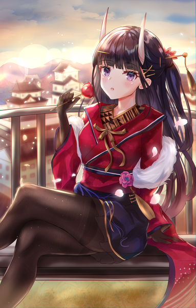 Anime picture 1279x2000 with azur lane noshiro (azur lane) noshiro (uncharted festival grounds?) (azur lane) panipo2501 single long hair tall image looking at viewer blush fringe open mouth black hair sitting purple eyes holding payot sky cloud (clouds) bent knee (knees) outdoors