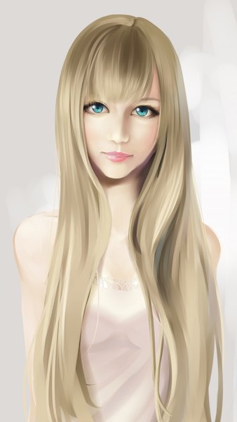 Anime picture 2092x3706 with koyaya (sorano) single long hair tall image blush highres blue eyes simple background blonde hair bare shoulders lips girl