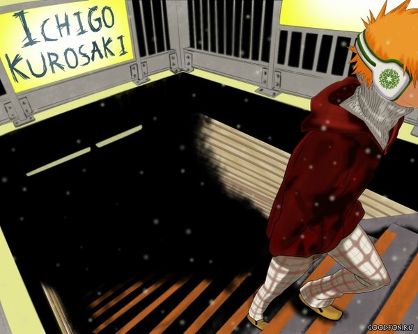 Anime picture 1280x1024 with bleach studio pierrot kurosaki ichigo short hair orange hair snowing boy headphones stairs subway