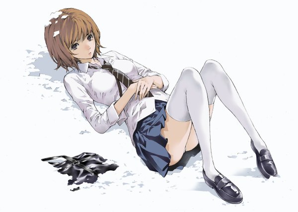 Anime picture 1387x989 with original takaku jyuu single short hair light erotic simple background brown hair white background lying from above black eyes on back dutch angle pantyshot winter snow upskirt girl thighhighs uniform