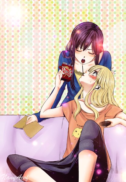 Anime picture 1107x1600 with citrus (saburouta) aihara mei aihara yuzu saburouta nanyacof long hair tall image blush open mouth blue eyes blonde hair sitting multiple girls holding purple hair eyes closed embarrassed couple mouth hold coloring