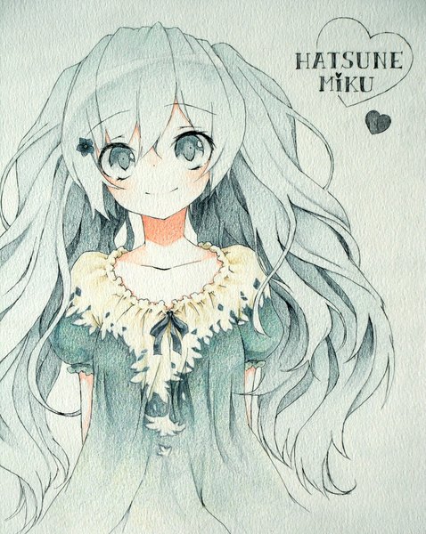 Anime picture 3000x3768 with vocaloid hatsune miku ninapon (artist) single long hair tall image blush highres simple background smile twintails aqua eyes aqua hair inscription character names hands behind back traditional media colored pencil (medium) girl dress