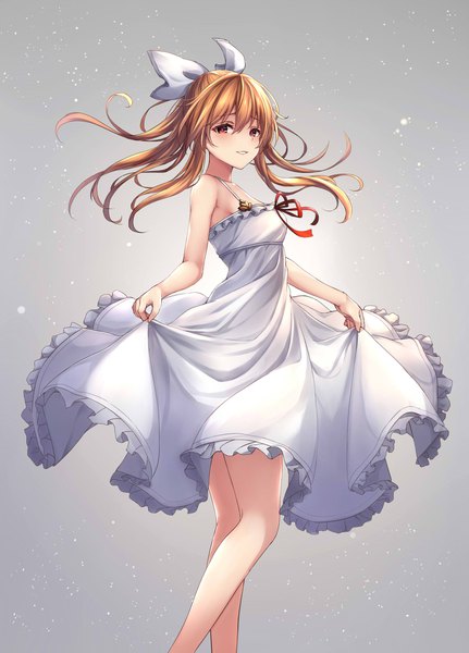 Anime picture 1628x2265 with granblue fantasy vira lilie ym (distance819) single long hair tall image looking at viewer blush fringe breasts simple background smile hair between eyes red eyes brown hair standing bare shoulders holding parted lips grey background
