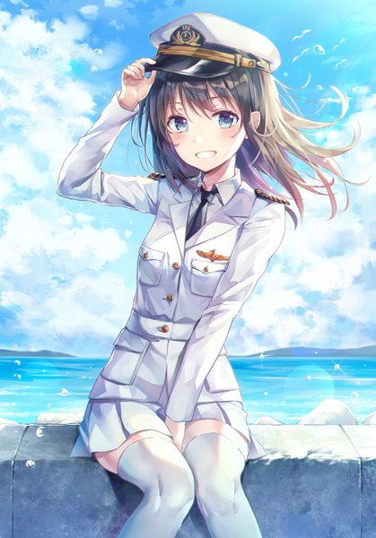 Anime picture 1048x1500 with original huwari (dnwls3010) single long hair tall image looking at viewer blush fringe blue eyes smile hair between eyes brown hair sitting sky cloud (clouds) outdoors long sleeves parted lips pleated skirt arm up