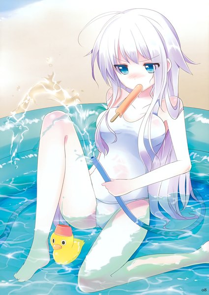 Anime picture 2479x3500 with mishima kurone single long hair tall image blush highres blue eyes light erotic white hair girl swimsuit water food sweets ice cream pool hose wading pool