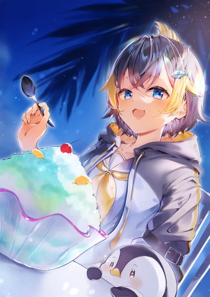 Anime picture 2894x4093 with virtual youtuber nijisanji nijisanji en petra gurin petra gurin (1st costume) miyato miya single tall image looking at viewer highres short hair open mouth blue eyes black hair sky :d multicolored hair open jacket two-tone hair from below
