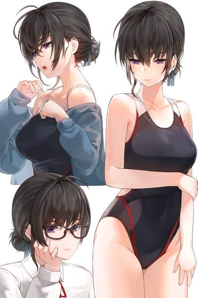 Anime picture 798x1200 with original kfr tall image fringe short hair breasts open mouth light erotic black hair simple background hair between eyes white background purple eyes looking away off shoulder hair bun (hair buns) multiview hand on cheek girl ribbon (ribbons)