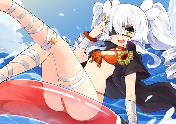 Anime picture 1800x1272 with dong-jin rice-hime suiji mou tama maru single long hair looking at viewer blush fringe highres open mouth light erotic smile hair between eyes green eyes sky cloud (clouds) bent knee (knees) outdoors ass white hair