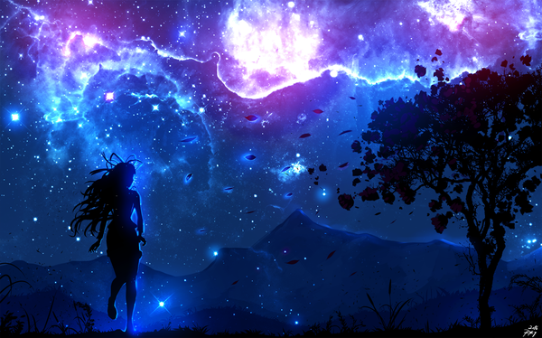 Anime picture 1692x1055 with original ryky single long hair wide image standing signed looking away ahoge night sparkle night sky standing on one leg mountain leg lift (legs lift) silhouette messy hair milky way girl plant (plants)