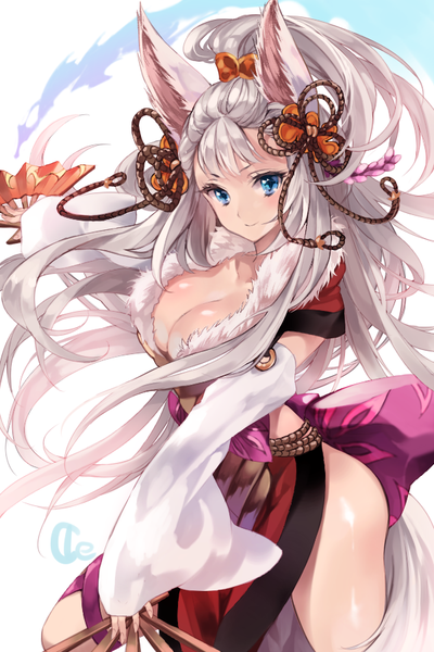 Anime picture 600x900 with granblue fantasy socie (granblue fantasy) ice (ice aptx) single long hair tall image looking at viewer blush fringe breasts blue eyes light erotic large breasts standing white background holding signed cleavage silver hair bent knee (knees)
