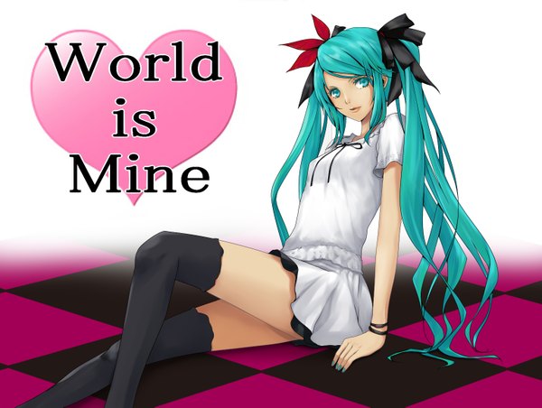 Anime picture 1545x1165 with vocaloid world is mine (vocaloid) hatsune miku single long hair sitting twintails aqua eyes aqua hair checkered floor girl thighhighs black thighhighs