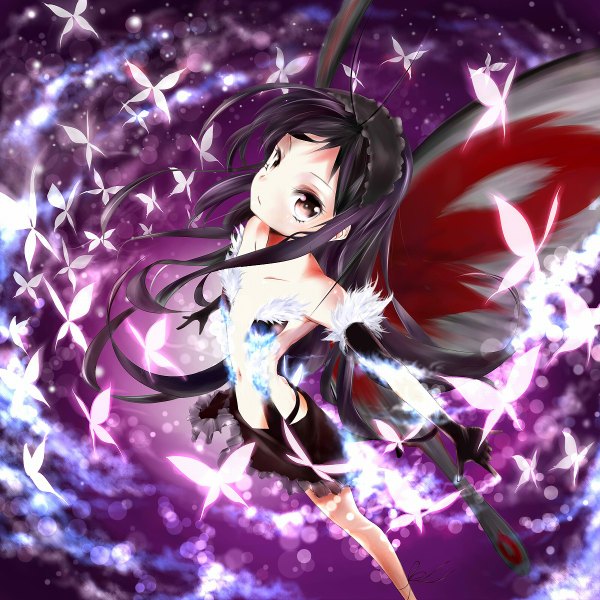 Anime picture 1200x1200 with accel world sunrise (studio) kuroyukihime single long hair looking at viewer breasts light erotic purple eyes bare shoulders cleavage purple hair glowing insect wings butterfly wings girl skirt navel hairband insect