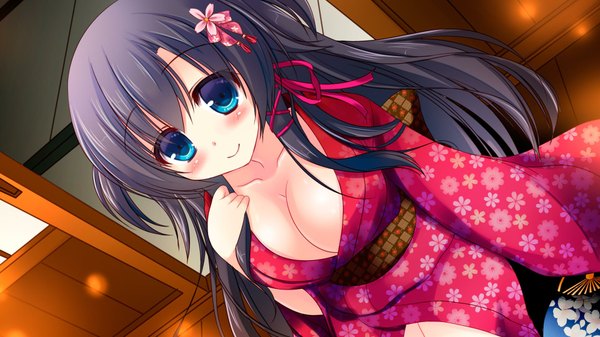 Anime picture 1920x1080 with naderebo! kamishiro rushia yuziki hina single long hair looking at viewer blush fringe highres breasts light erotic black hair smile wide image large breasts sitting cleavage traditional clothes japanese clothes hair flower