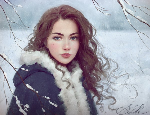 Anime picture 1020x784 with original selenada single long hair looking at viewer blush blue eyes brown hair signed outdoors light smile realistic snowing winter snow bare tree curly hair girl plant (plants) tree (trees)