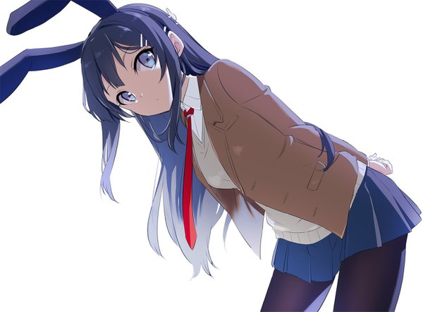 Anime picture 1295x955 with seishun buta yarou cloverworks sakurajima mai gotyou single long hair looking at viewer blue eyes black hair simple background white background animal ears leaning bunny ears leaning forward fake animal ears hands behind back girl skirt uniform