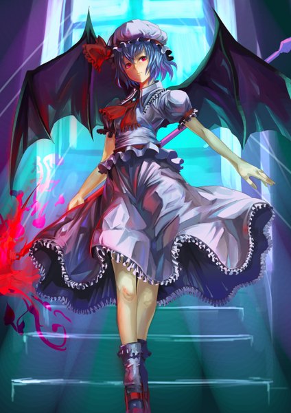 Anime picture 1000x1414 with touhou remilia scarlet koruse single tall image looking at viewer short hair red eyes blue hair girl dress weapon wings socks white socks bonnet spear spear the gungnir