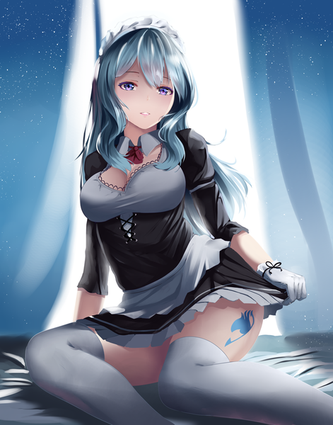 Anime-Bild 1421x1811 mit fairy tail juvia lockser mengo single long hair tall image looking at viewer breasts light erotic sitting purple eyes blue hair cleavage parted lips pleated skirt arm support maid tattoo underbust skirt tug