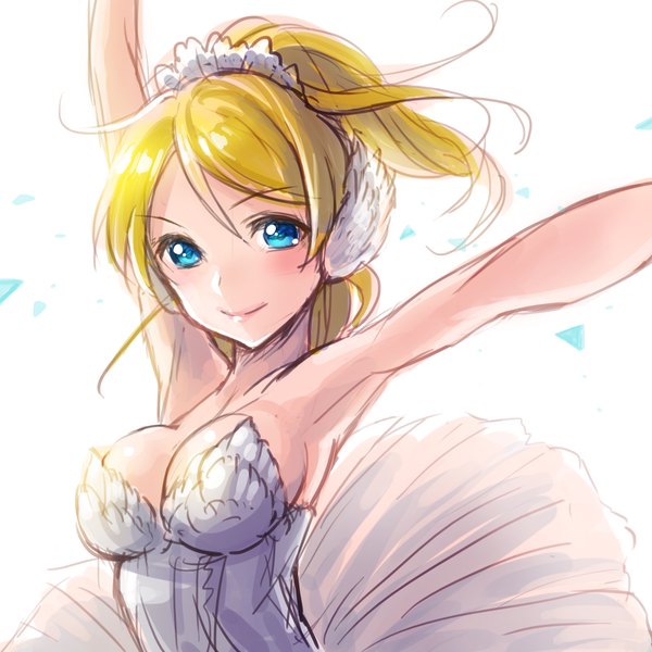 Anime picture 2000x2000 with vocaloid kagamine rin yamori (stom) single long hair looking at viewer highres breasts blue eyes blonde hair smile white background bare shoulders arms up armpit (armpits) ballerina girl dress white dress headphones