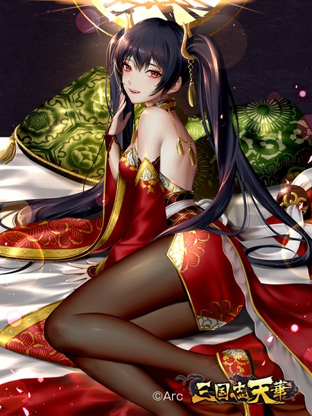 Anime picture 600x800 with sangokushi tenka zhao yun (sangokushi tenka) inanome me single tall image looking at viewer fringe black hair hair between eyes red eyes sitting twintails payot very long hair official art sparkle copyright name back bare back hand to mouth