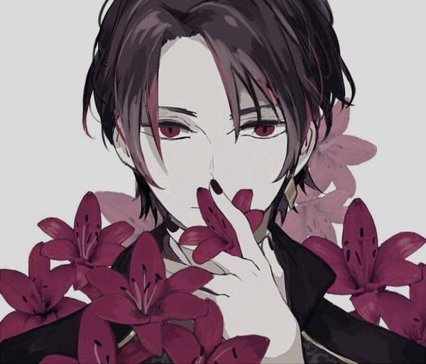 Anime picture 899x769 with touken ranbu nitroplus kashuu kiyomitsu nishin housoku single looking at viewer fringe short hair simple background hair between eyes red eyes brown hair holding upper body nail polish grey background portrait covered mouth black nail polish boy