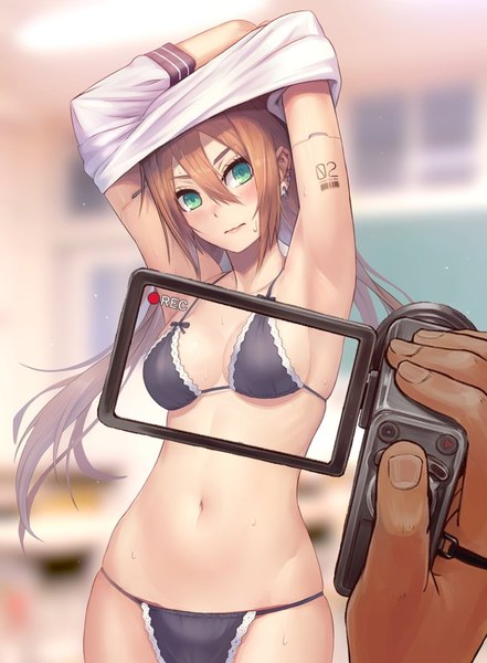 Anime picture 735x1000 with original 2d (artist) single long hair tall image looking at viewer blush blue eyes light erotic brown hair underwear only girl navel underwear panties lingerie bra