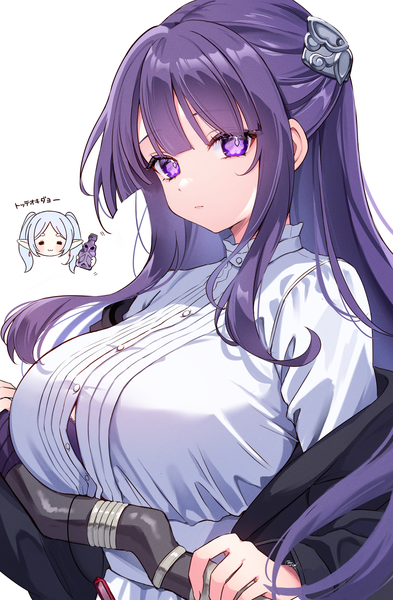Anime picture 1638x2500 with sousou no frieren frieren fern (sousou no frieren) enepuni single long hair tall image looking at viewer breasts light erotic simple background large breasts white background purple eyes purple hair upper body text half updo partially open clothes girl