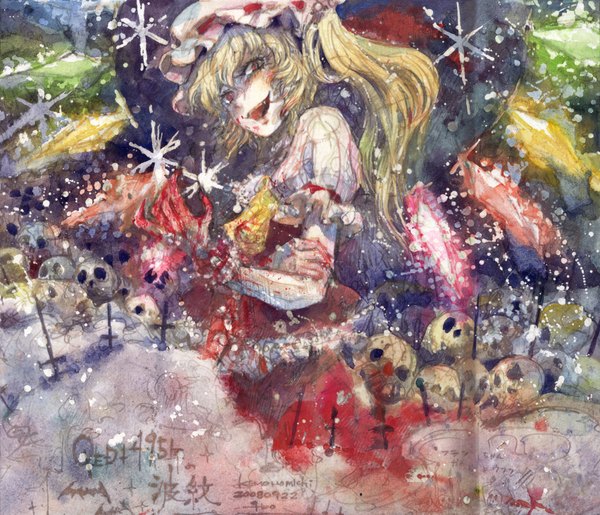 Anime picture 1704x1465 with touhou flandre scarlet misawa hiroshi single looking at viewer highres short hair open mouth blonde hair red eyes traditional media watercolor (medium) girl wings blood bonnet skull crystal