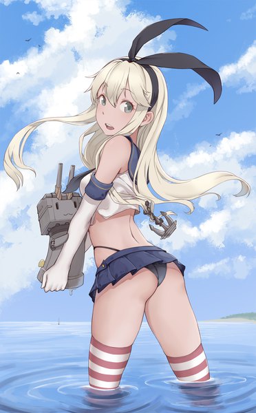 Anime picture 1200x1932 with kantai collection shimakaze destroyer rensouhou-chan cheshirrr single long hair tall image looking at viewer fringe open mouth light erotic blonde hair hair between eyes standing bare shoulders holding sky cloud (clouds) outdoors pleated skirt