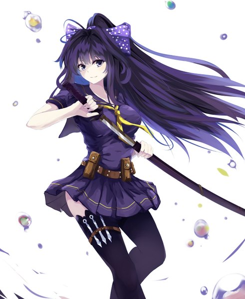 Anime picture 1200x1464 with benghuai xueyuan benghuai xueyuan 2 honkai (series) raiden mei white crow single long hair tall image looking at viewer fringe breasts simple background smile standing white background purple eyes holding purple hair ahoge ponytail