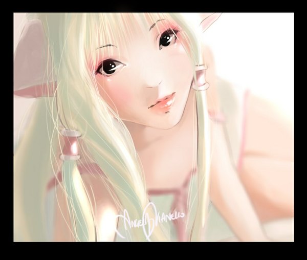 Anime picture 1000x847 with chobits chii angela vianello long hair looking at viewer blush fringe simple background blonde hair white background black eyes reclining eyeshadow framed girl robot