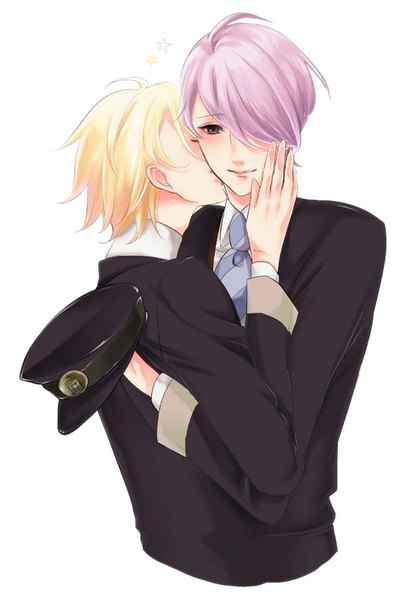 Anime picture 589x846 with lucky dog giulio di bondone gian carlo komichi96 tall image blush fringe short hair simple background blonde hair smile white background purple eyes purple hair upper body ahoge hair over one eye multiple boys embarrassed kiss