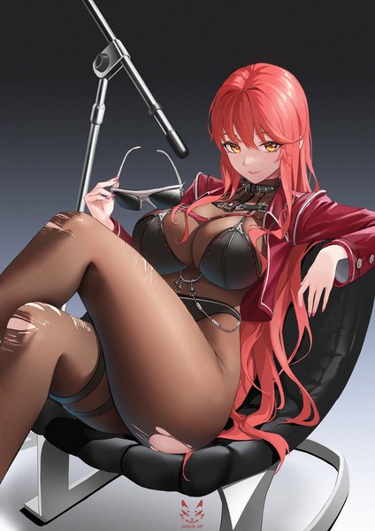 Anime picture 1500x2122 with goddess of victory: nikke volume (nikke) shadow cat single long hair tall image looking at viewer fringe breasts light erotic simple background smile hair between eyes large breasts sitting signed yellow eyes red hair long sleeves nail polish