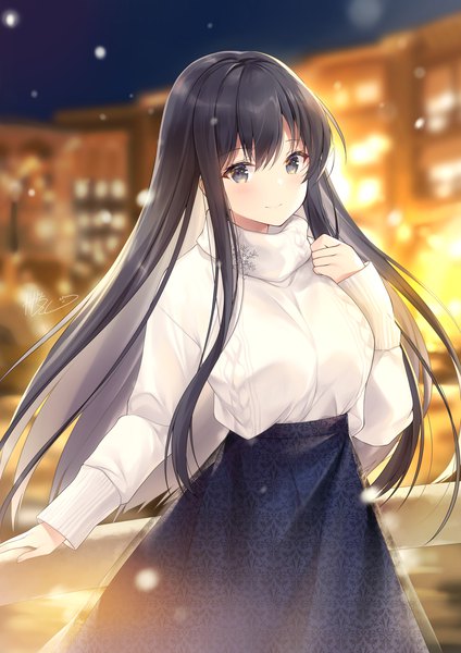 Anime picture 2480x3508 with original kagachi saku single long hair tall image looking at viewer blush fringe highres breasts black hair smile standing signed outdoors long sleeves multicolored hair blurry two-tone hair grey eyes