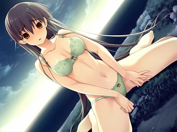 Anime picture 1024x768 with id rebirth session katase sakura amakura long hair light erotic brown hair game cg orange eyes underwear only evening sunset girl underwear panties