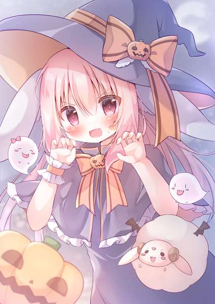 Anime picture 1447x2047 with original hanasakichu single long hair tall image looking at viewer blush fringe open mouth hair between eyes animal ears pink hair :d pink eyes halloween ghost witch girl hat witch hat