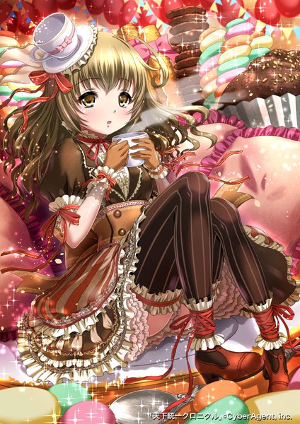 Anime picture 800x1131 with tenkuu no crystalia sakiyamama single long hair tall image looking at viewer blush fringe open mouth hair between eyes brown hair sitting holding brown eyes ahoge indoors official art :o sparkle puffy sleeves
