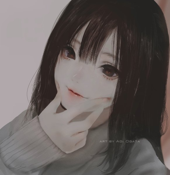 Anime picture 1600x1650 with original aoi ogata single long hair tall image looking at viewer fringe black hair simple background smile hair between eyes signed upper body lips black eyes grey background sleeves past wrists face hand on cheek girl