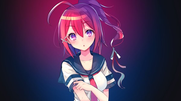 Anime picture 3840x2160 with kantai collection i-168 submarine assassinwarrior aozora nan single long hair looking at viewer blush highres breasts simple background wide image signed absurdres ahoge ponytail red hair parted lips pink eyes :o